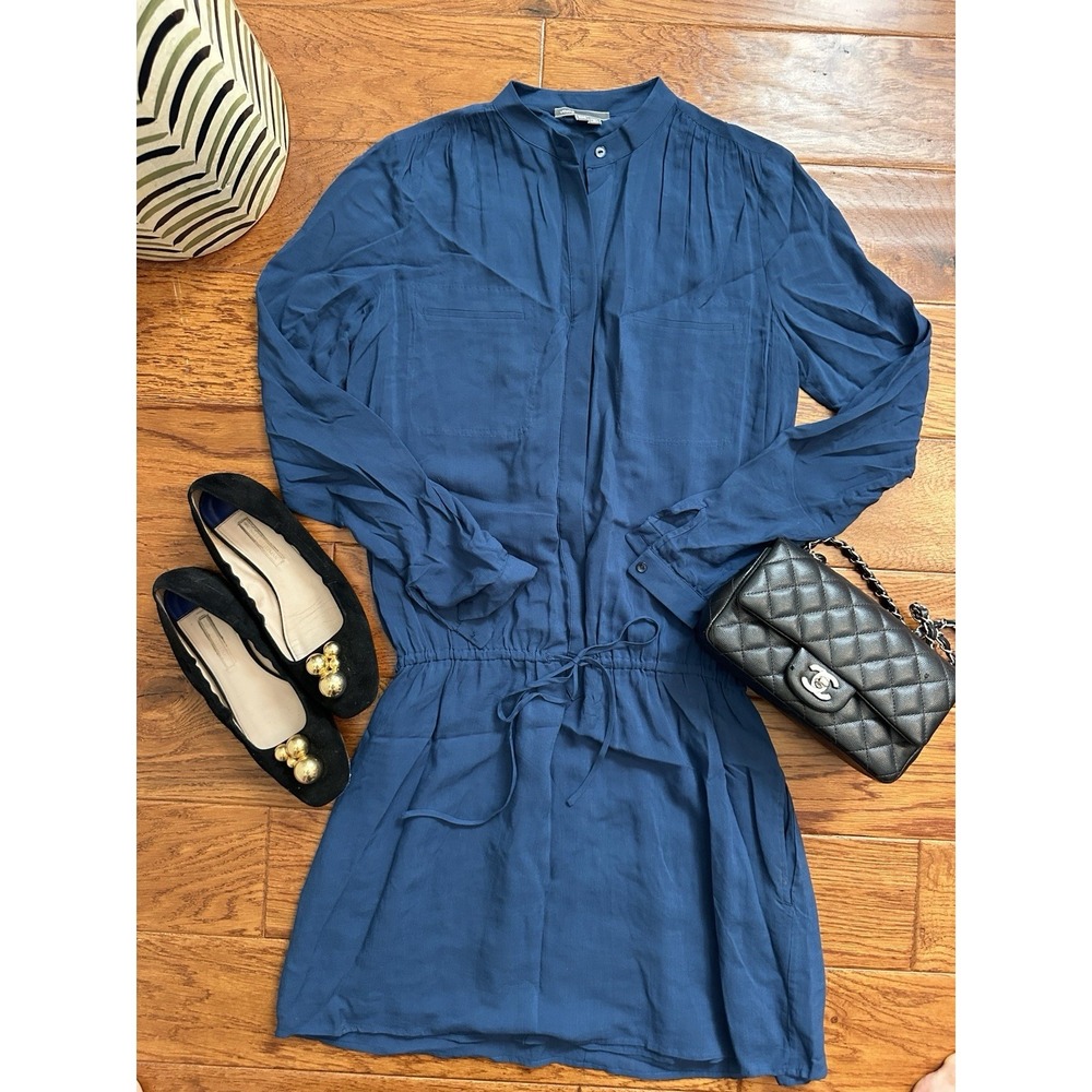 VINCE Teal Blue Rayon Shirt Dress XXS Long Sleeve Drawstring Waist Pocket Midi